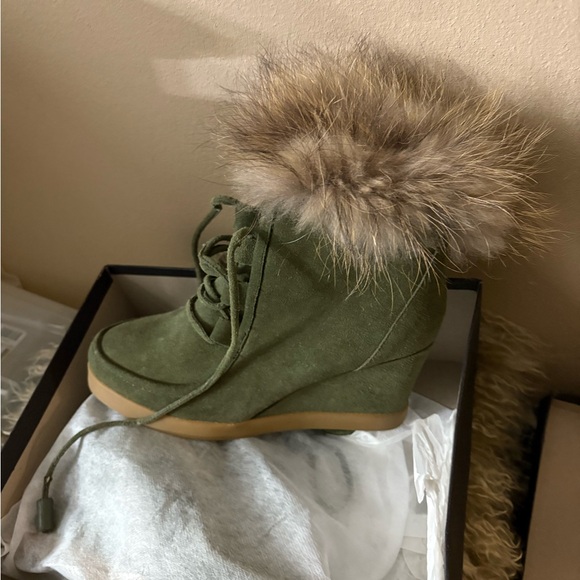 Barneys New York Olive Suede Fur-Lined Wedge Boots - Picture 2 of 7